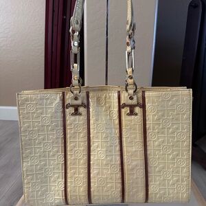 Tory Burch Cream Embossed Tote with Brown Trim